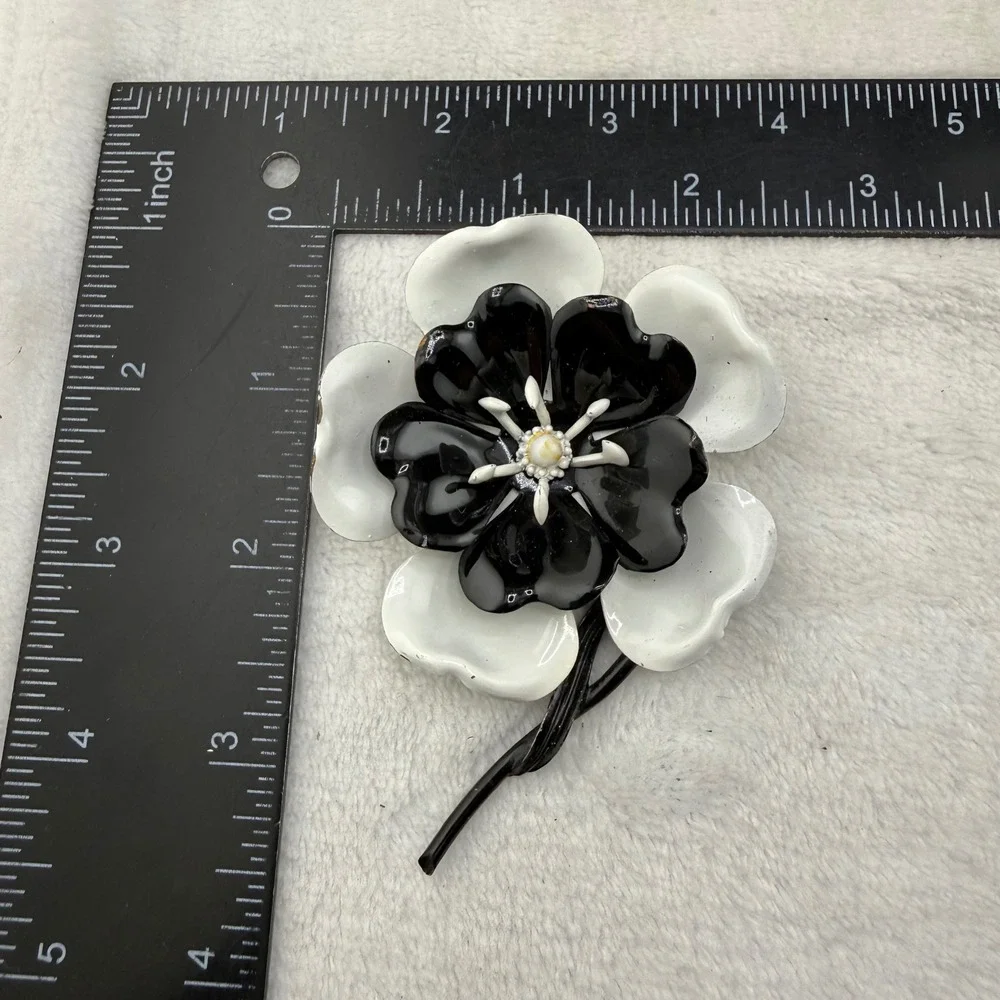 Vintage Enamel Flower Brooch Black White Layered Floral Pin  Mod Pop Art
